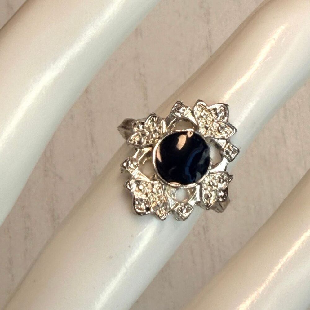 Silver Tone Black Cabochon Floral Statement Ring